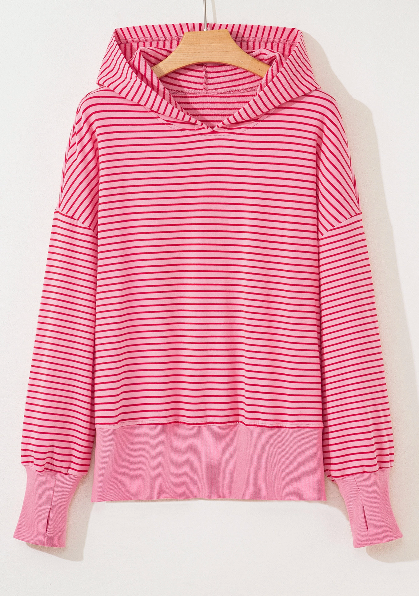 Pink Stripe Thumbhole Loose Fit Hoodie