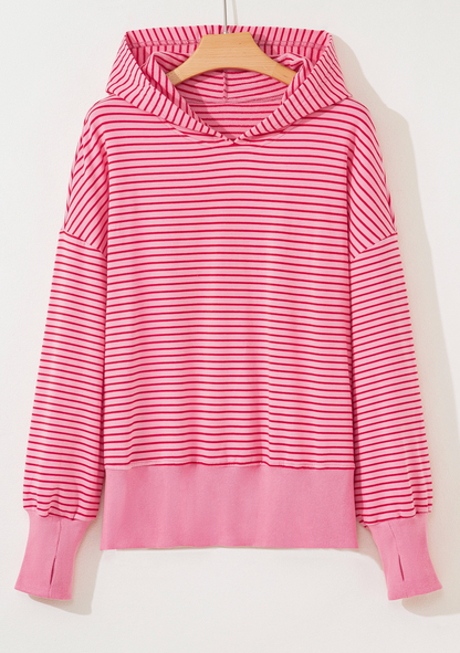 Pink Stripe Thumbhole Loose Fit Hoodie