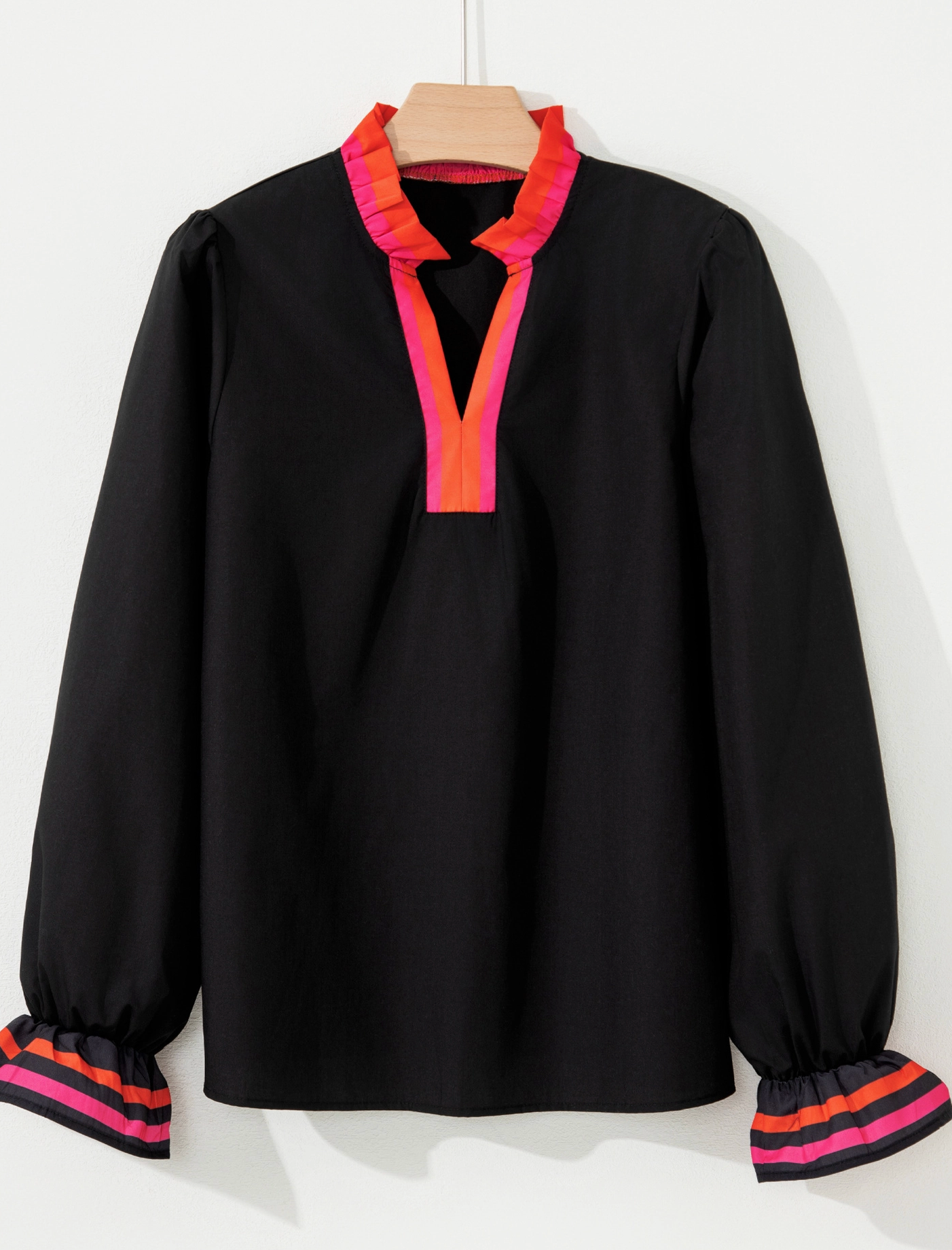 Ruffle Neck Black Striped Trim Ruffle Split Neck Blouse