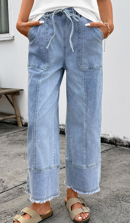 Light Denim Raw Hem Wide Leg Drawstring Jeans