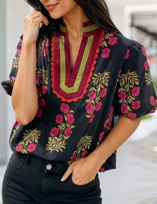 Black Floral V Neck Bubble Sleeve Blouse