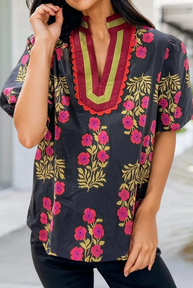Black Floral V Neck Bubble Sleeve Blouse
