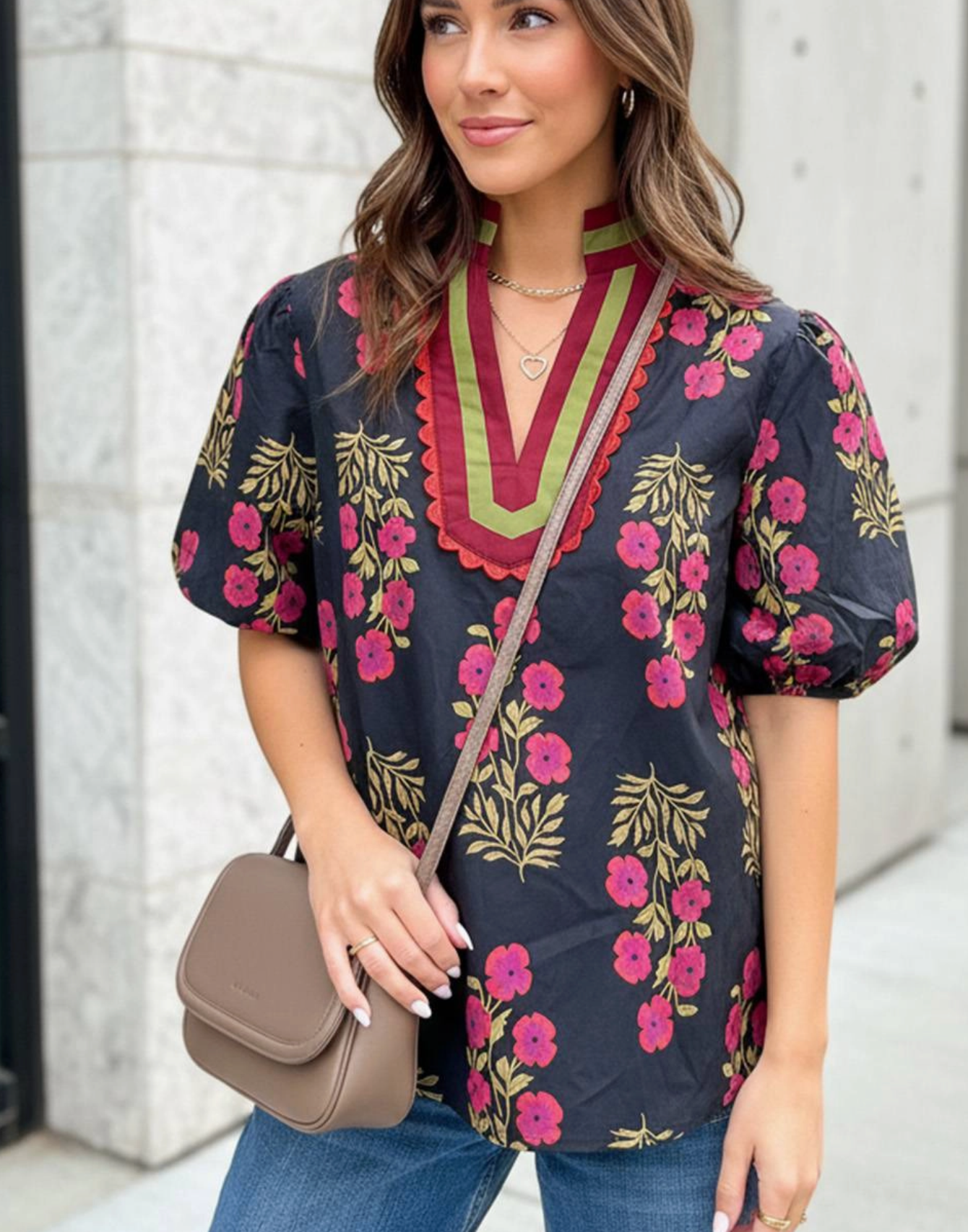 Black Floral V Neck Bubble Sleeve Blouse