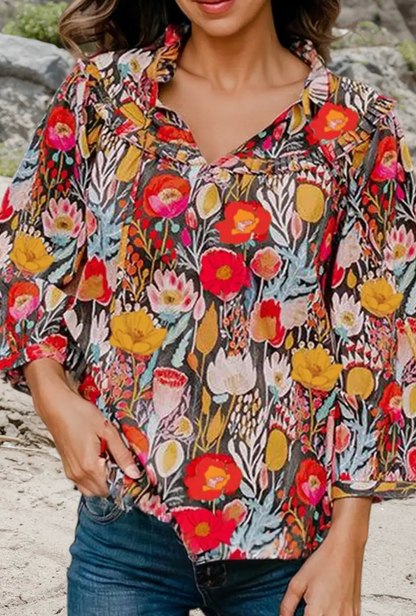 Bold Floral Puff Sleeve V Neck Blouse
