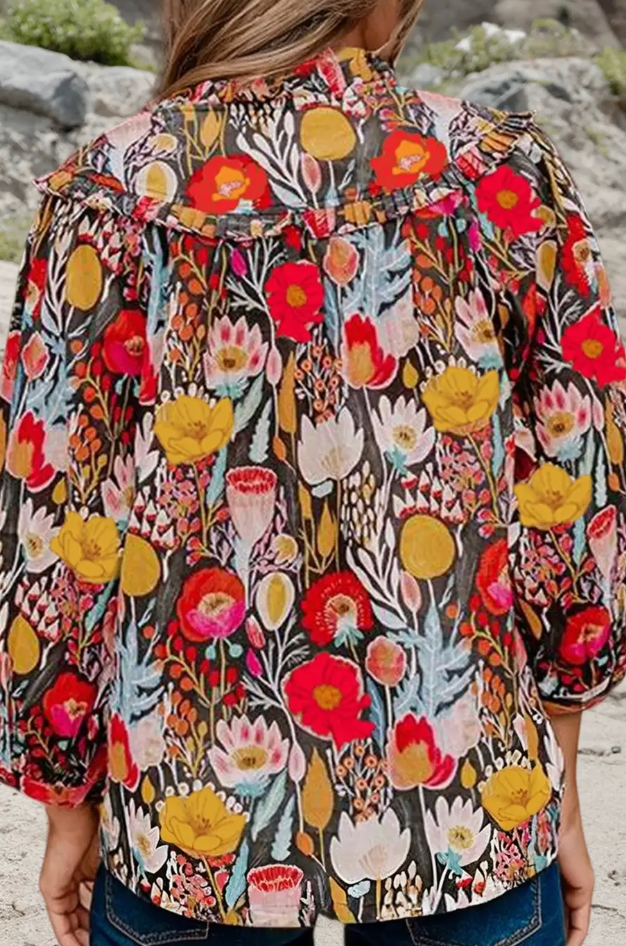 Bold Floral Puff Sleeve V Neck Blouse