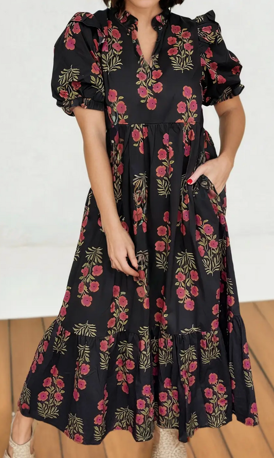 Bold Floral Bubble Short Sleeve Maxi Dress