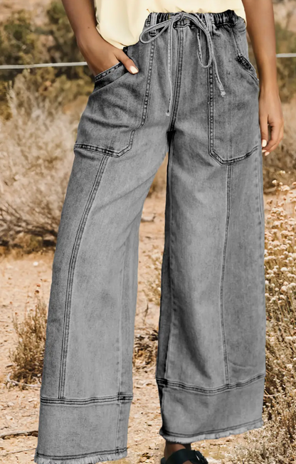 Washed Grey Denim Raw Hem Wide Leg Drawstring Jeans