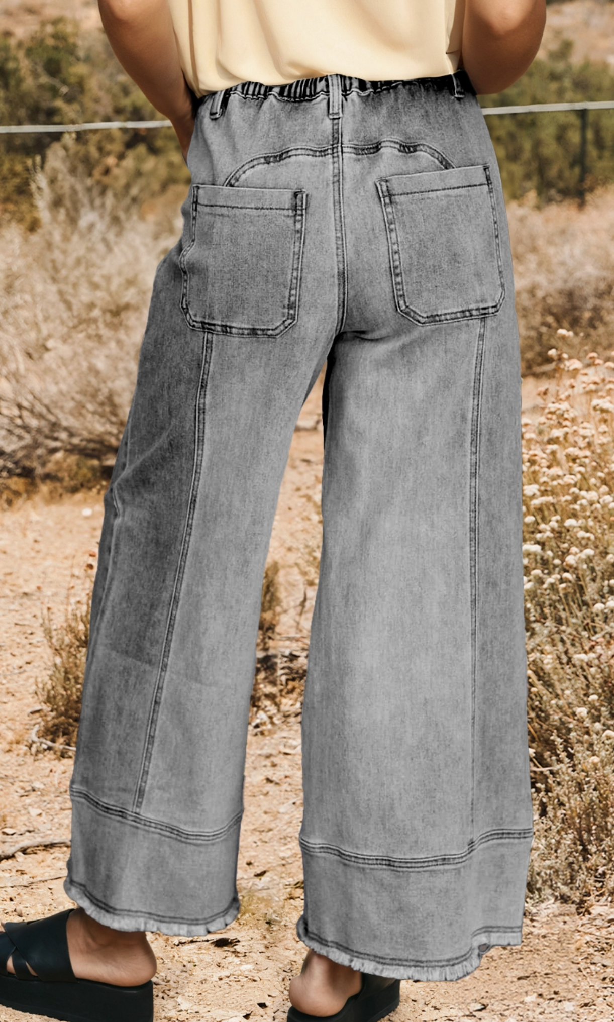 Washed Grey Denim Raw Hem Wide Leg Drawstring Jeans