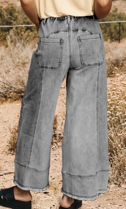 Washed Grey Denim Raw Hem Wide Leg Drawstring Jeans