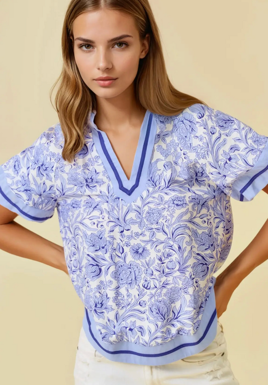 Blue Floral Printed Ruffle Tiered Top