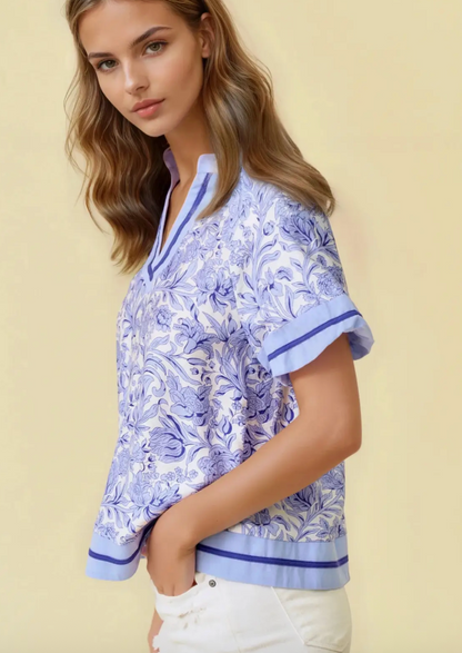 Blue Floral Printed Ruffle Tiered Top