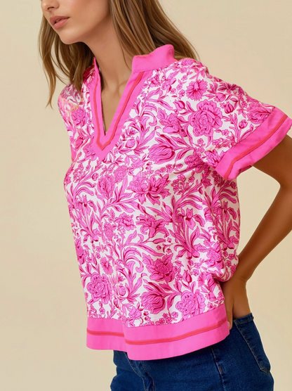 Hot Pink Floral Printed Ruffle Tiered Top