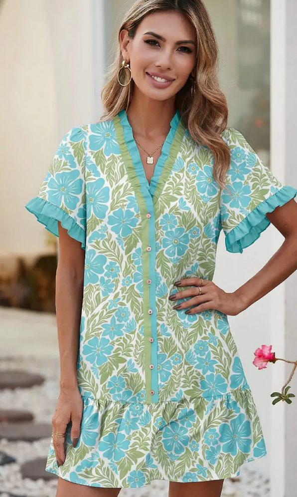 Botanical Floral Print Frilled Trim V Neck Button Front Dress