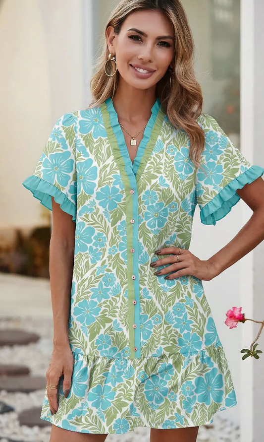 Botanical Floral Print Frilled Trim V Neck Button Front Dress