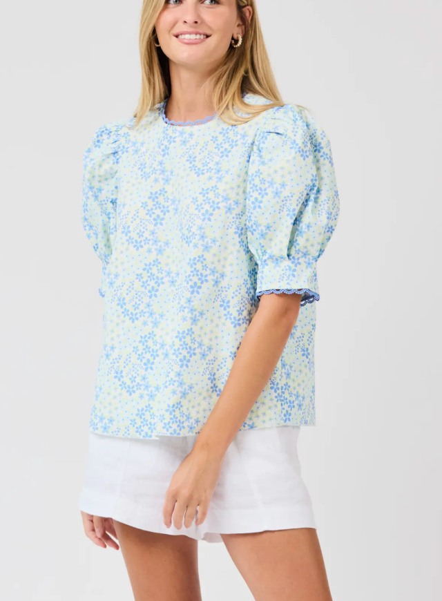 Thea Top Blue Floral Short Sleeve