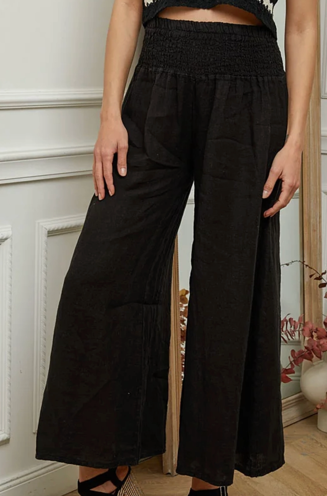 Italian Linen Black Wide-Leg Trousers