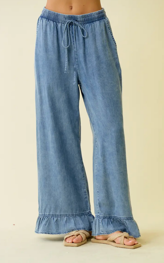 Denim Ruffle Bottom Wide Leg Pants