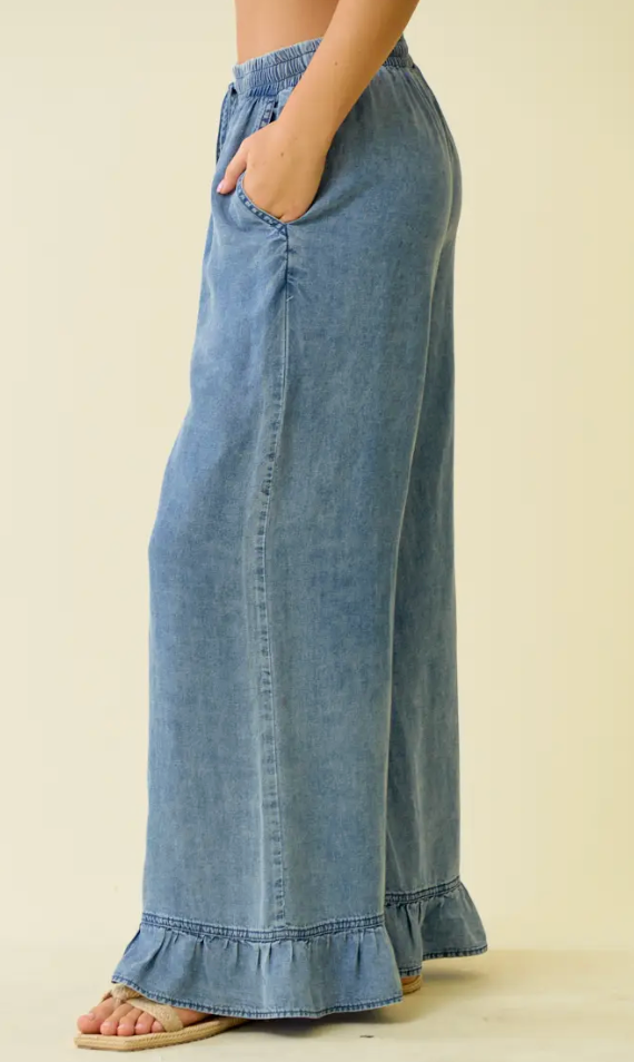 Denim Ruffle Bottom Wide Leg Pants