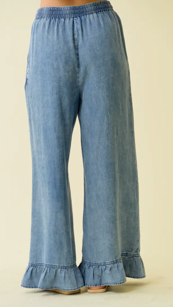 Denim Ruffle Bottom Wide Leg Pants