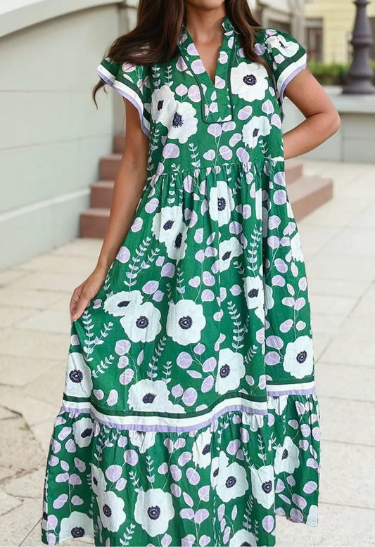 Green V Neck Ruffled Short Sleeve Flower Maxi Dress