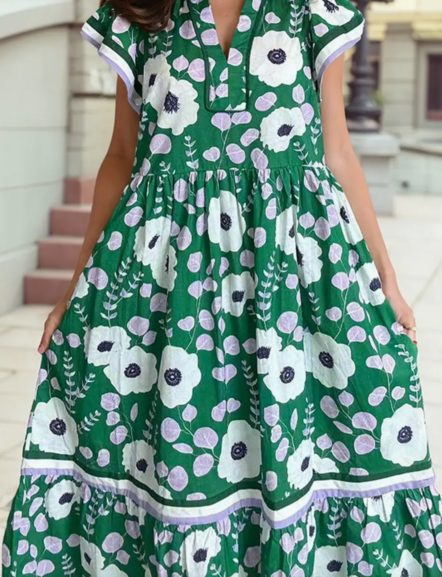 Green V Neck Ruffled Short Sleeve Flower Maxi Dress