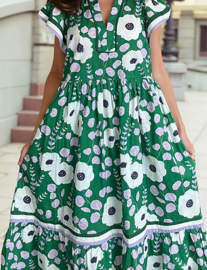 Green V Neck Ruffled Short Sleeve Flower Maxi Dress