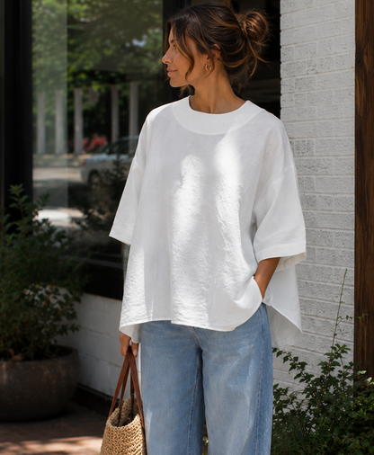 Linen Blend Oversized Round Neck Top / 2 colors