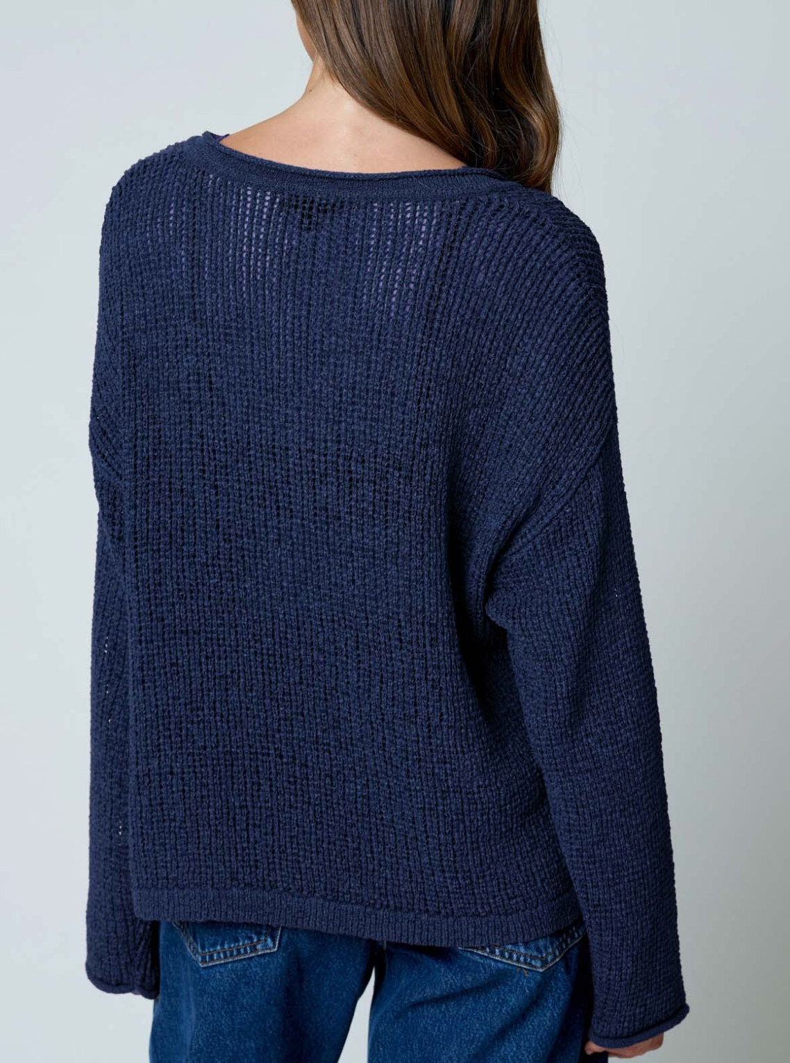 Navy Raw Edge Split Neck Long Sleeve Sheer Knit Sweater