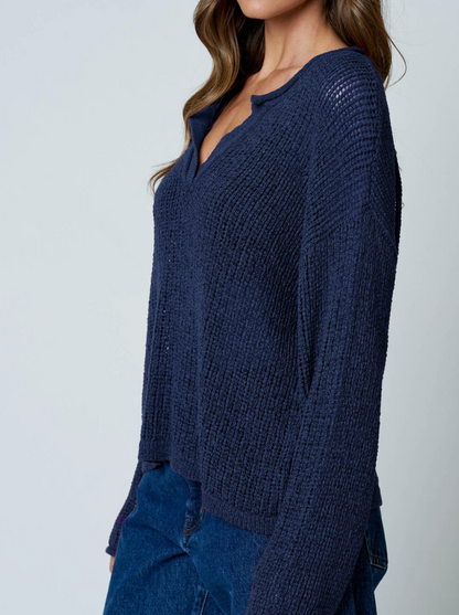 Navy Raw Edge Split Neck Long Sleeve Sheer Knit Sweater