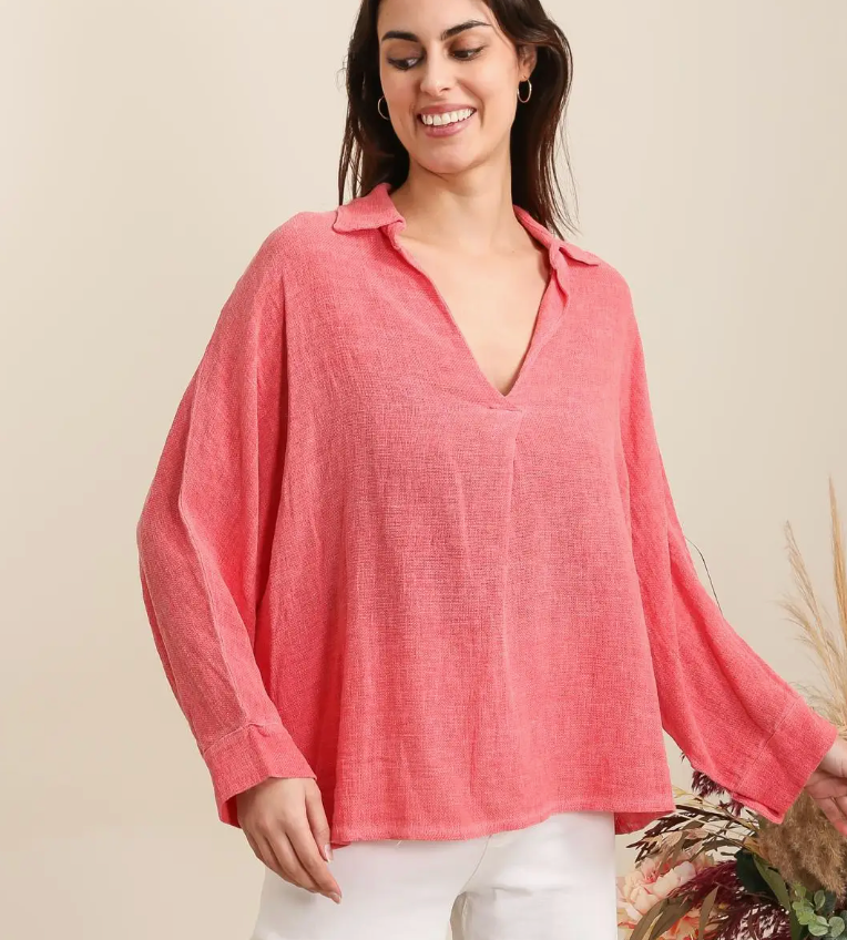 V Neck Relaxed Fit Linen Blouse