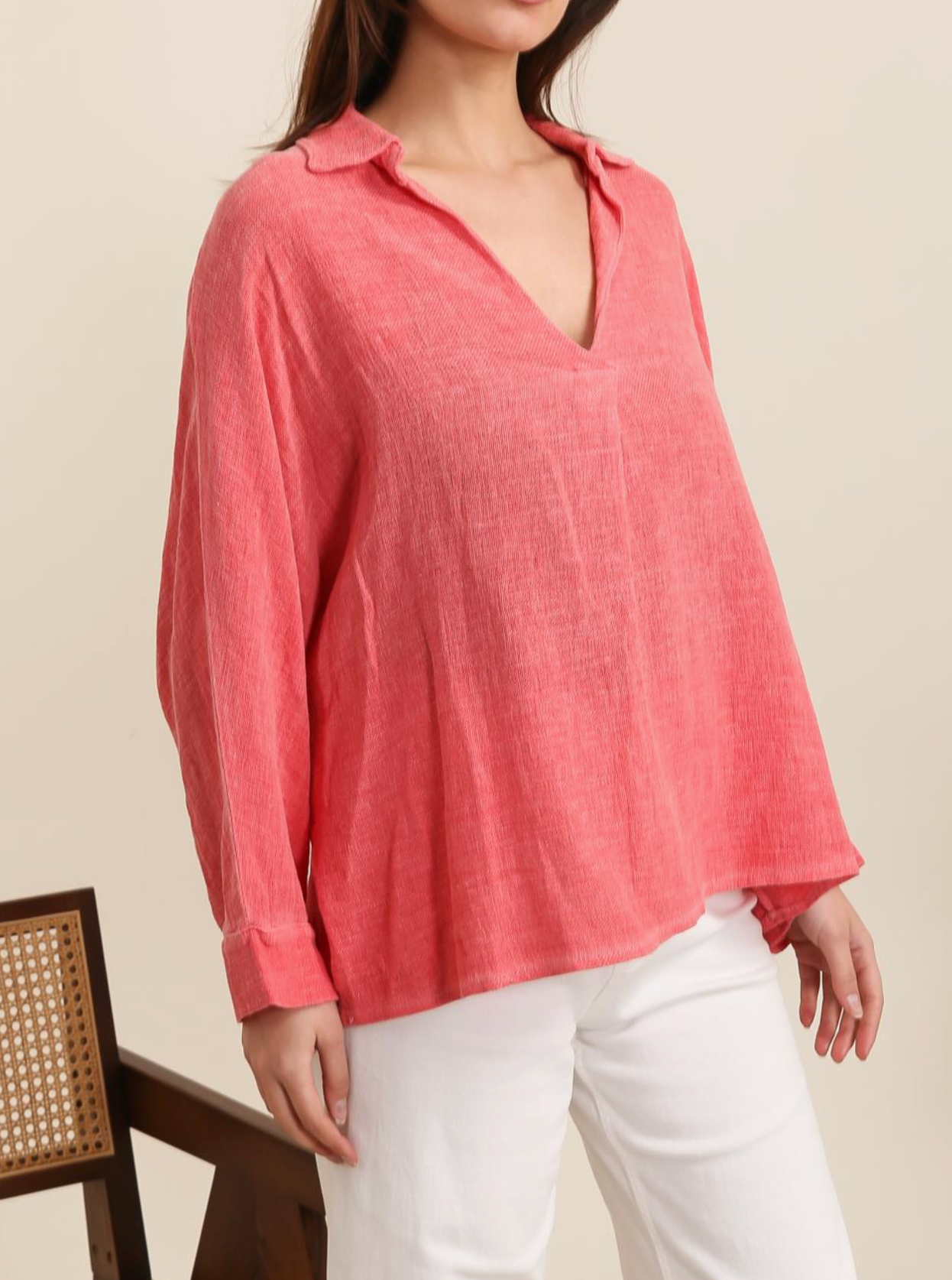 V Neck Relaxed Fit Linen Blouse