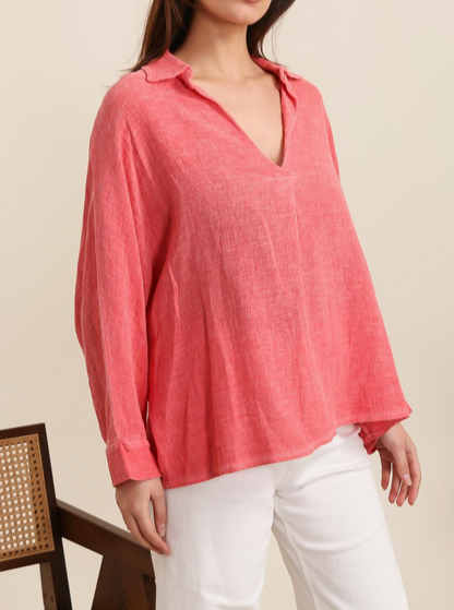 V Neck Relaxed Fit Linen Blouse