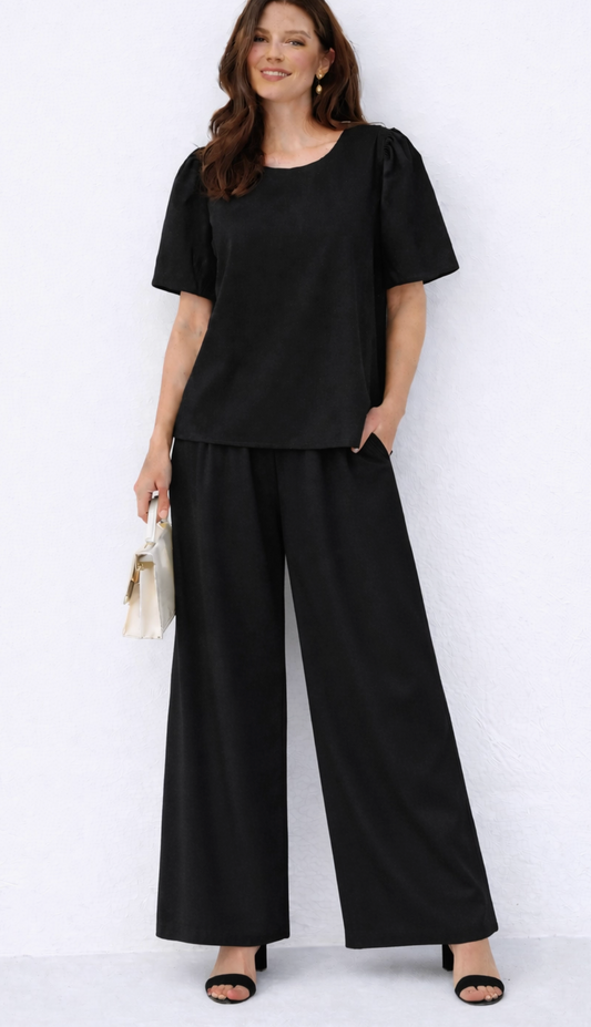 Black Poplin Two Piece Pant Set