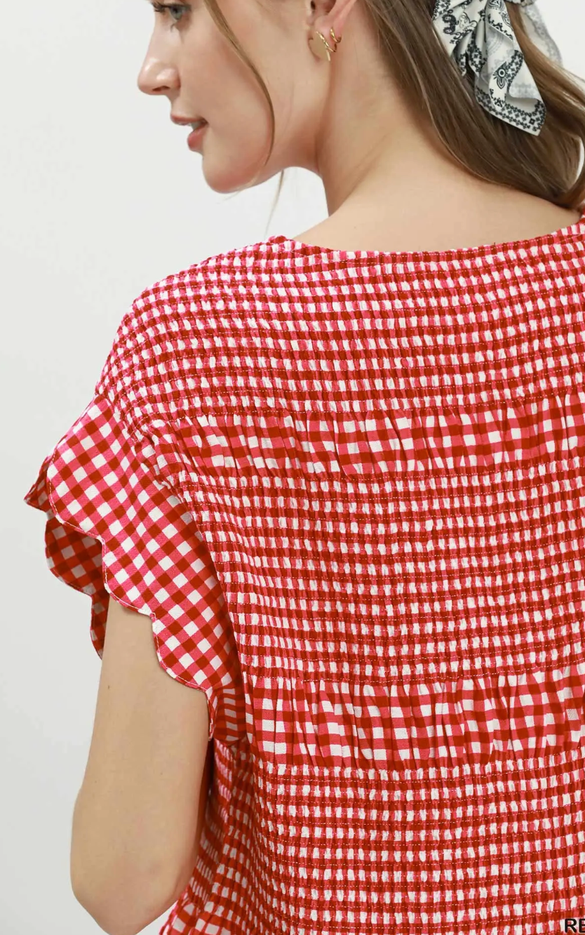 Gingham Smocked Ruffle Hem Top / 2 colors