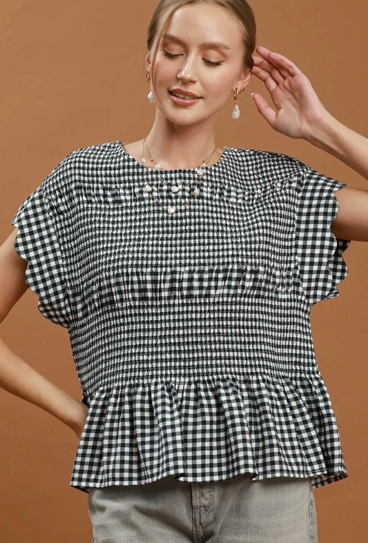 Gingham Smocked Ruffle Hem Top / 2 colors