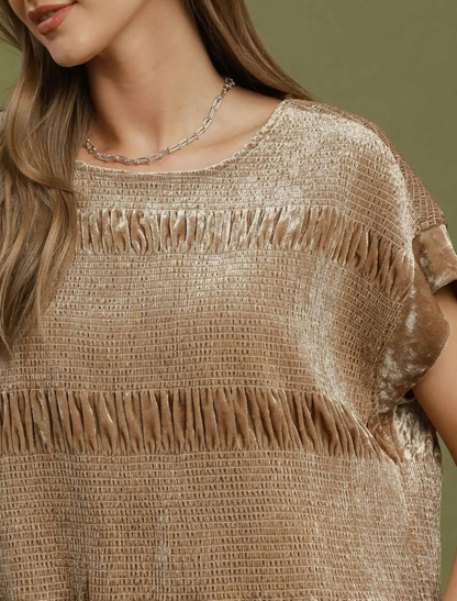 Crushed Velvet Smocked Ruffle Hem Top. / 2 colors