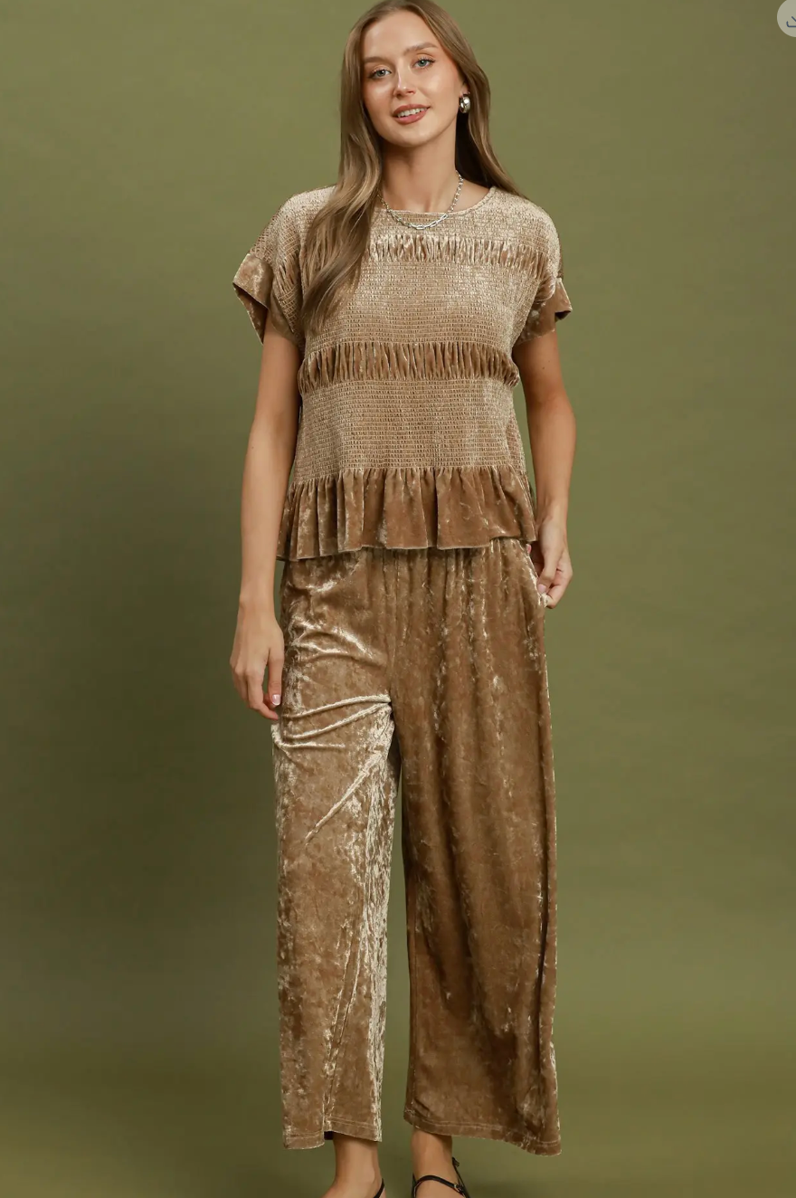 Crushed Velvet Smocked Ruffle Hem Top. / 2 colors