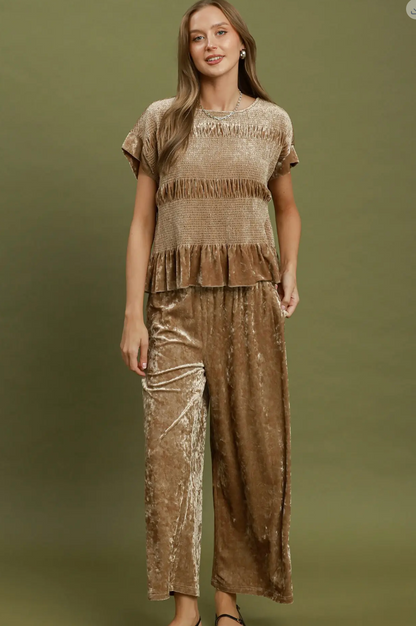 Crushed Velvet Smocked Ruffle Hem Top. / 2 colors