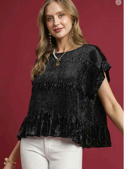 Crushed Velvet Smocked Ruffle Hem Top. / 2 colors