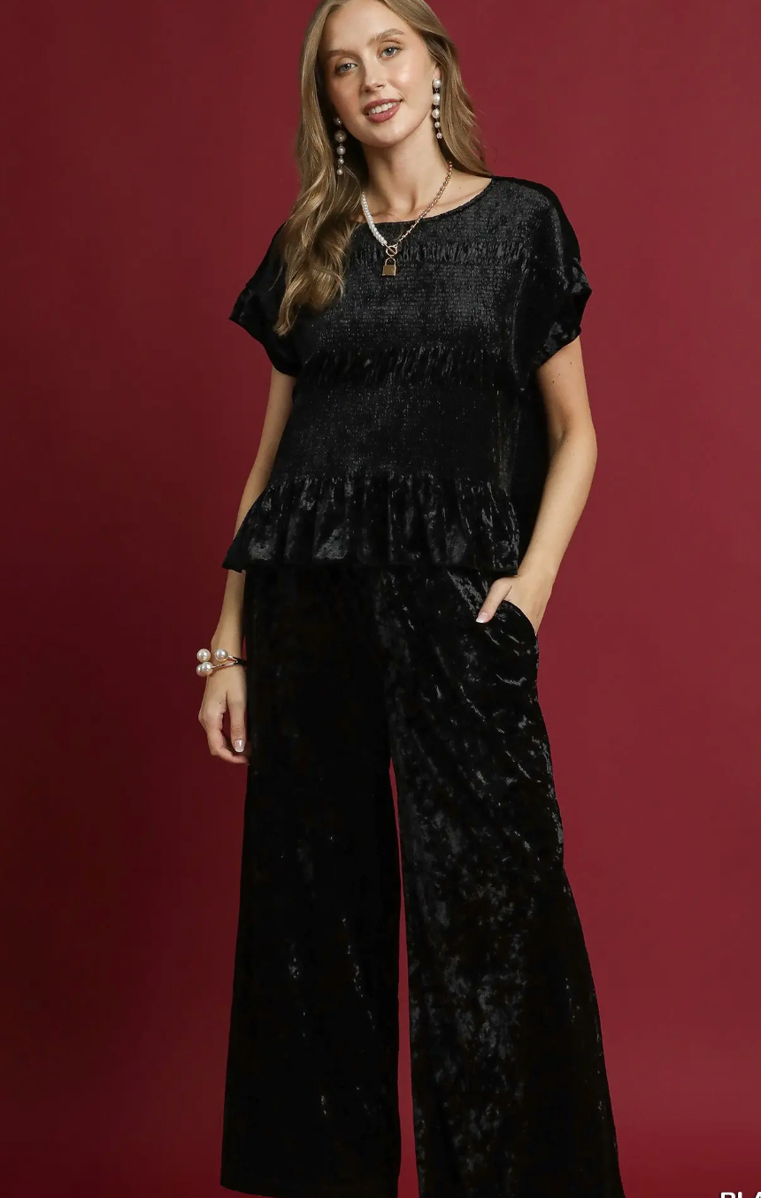 Crushed Velvet Smocked Ruffle Hem Top. / 2 colors