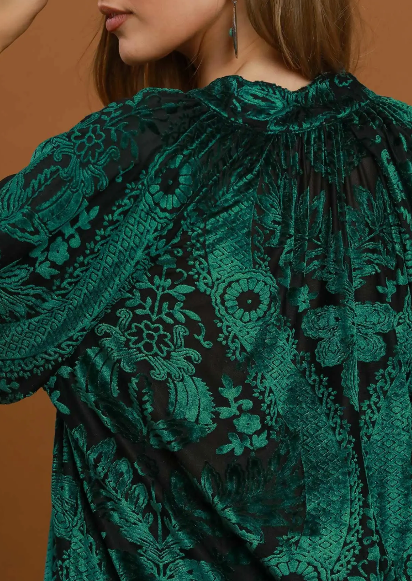 Damask Print Velvet Split Neck Top / 2 colors