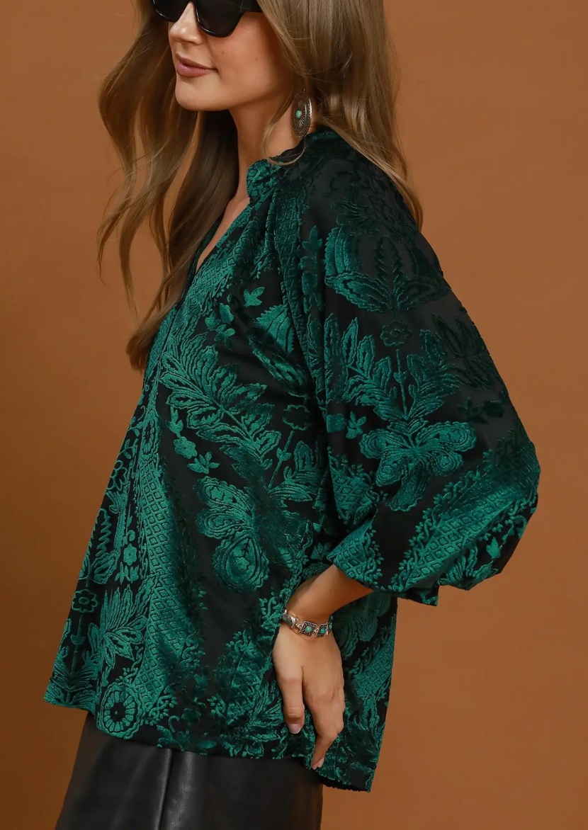 Damask Print Velvet Split Neck Top / 2 colors