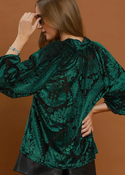 Damask Print Velvet Split Neck Top / 2 colors