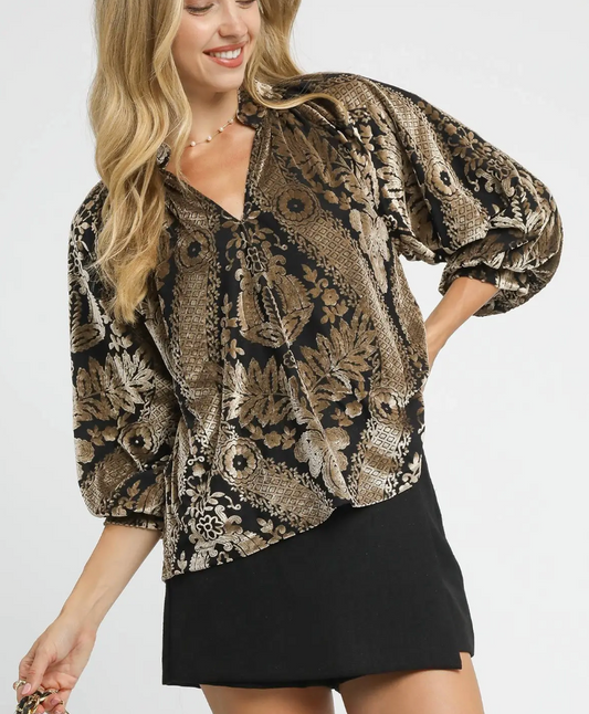 Damask Print Velvet Split Neck Top / 2 colors