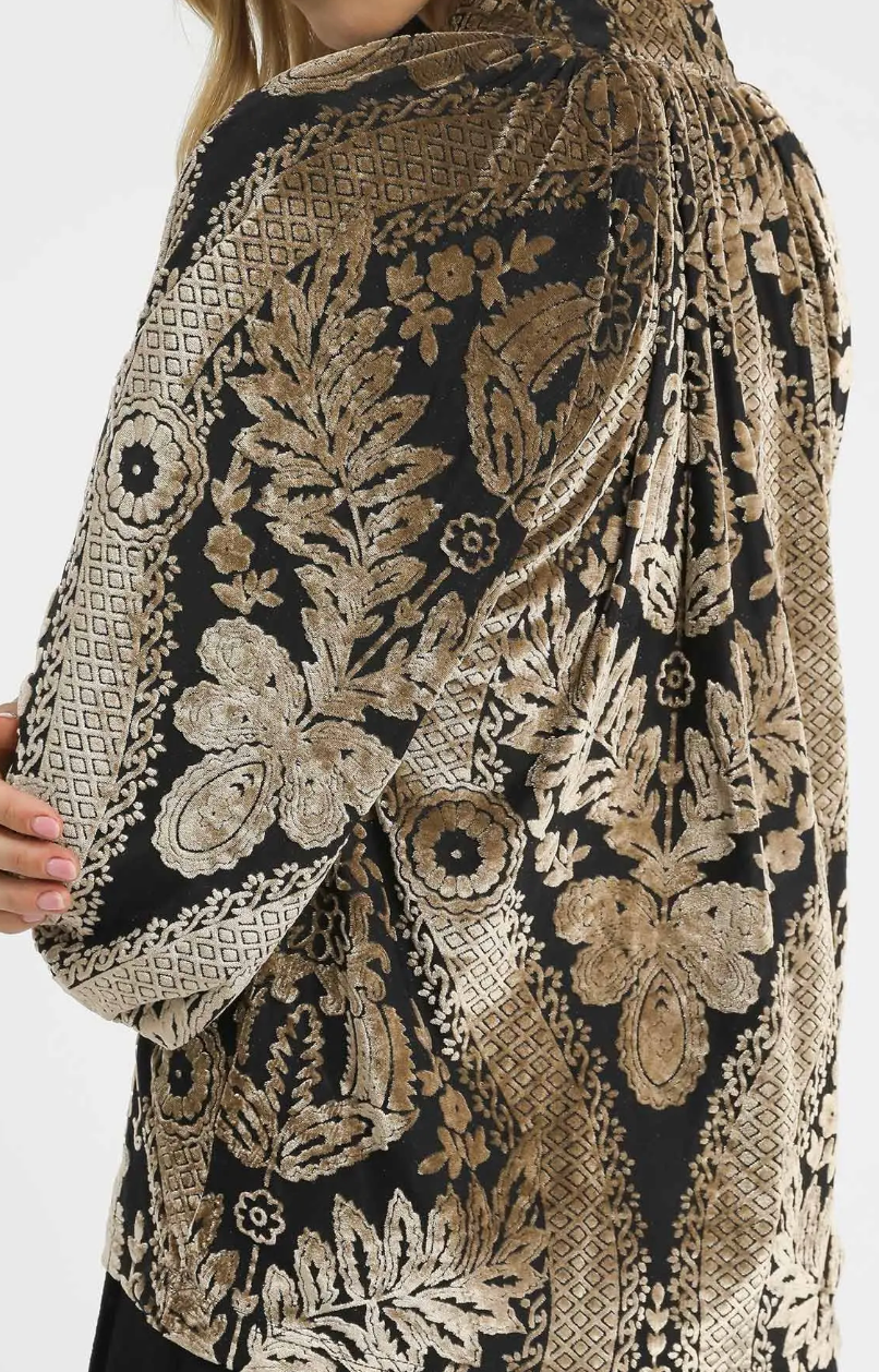 Damask Print Velvet Split Neck Top / 2 colors