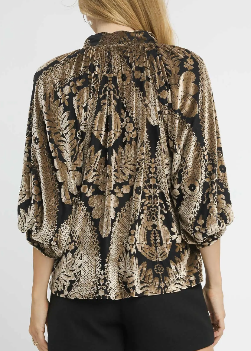 Damask Print Velvet Split Neck Top / 2 colors