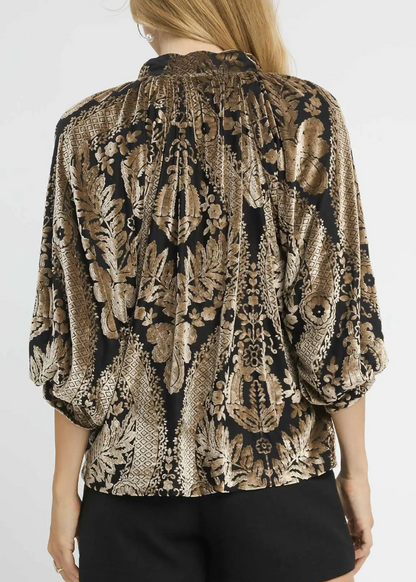 Damask Print Velvet Split Neck Top / 2 colors