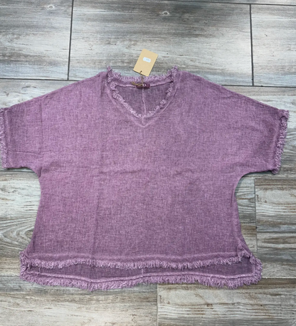 Italian Linen V Neck Fringe Short Sleeve top /  7 colors