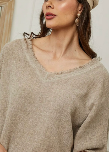 Italian Linen V Neck Fringe Short Sleeve top /  7 colors