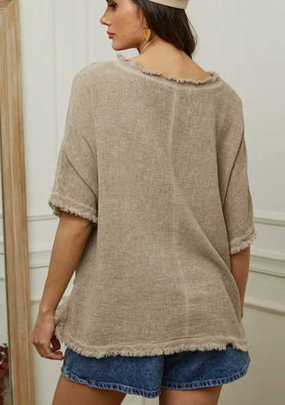 Italian Linen V Neck Fringe Short Sleeve top /  7 colors